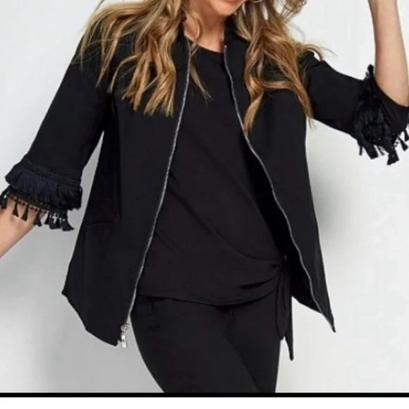 Belle by Kim Gravell boho work career Black zip jacket 3/4 sleeve tassels Large - Picture 1 of 12